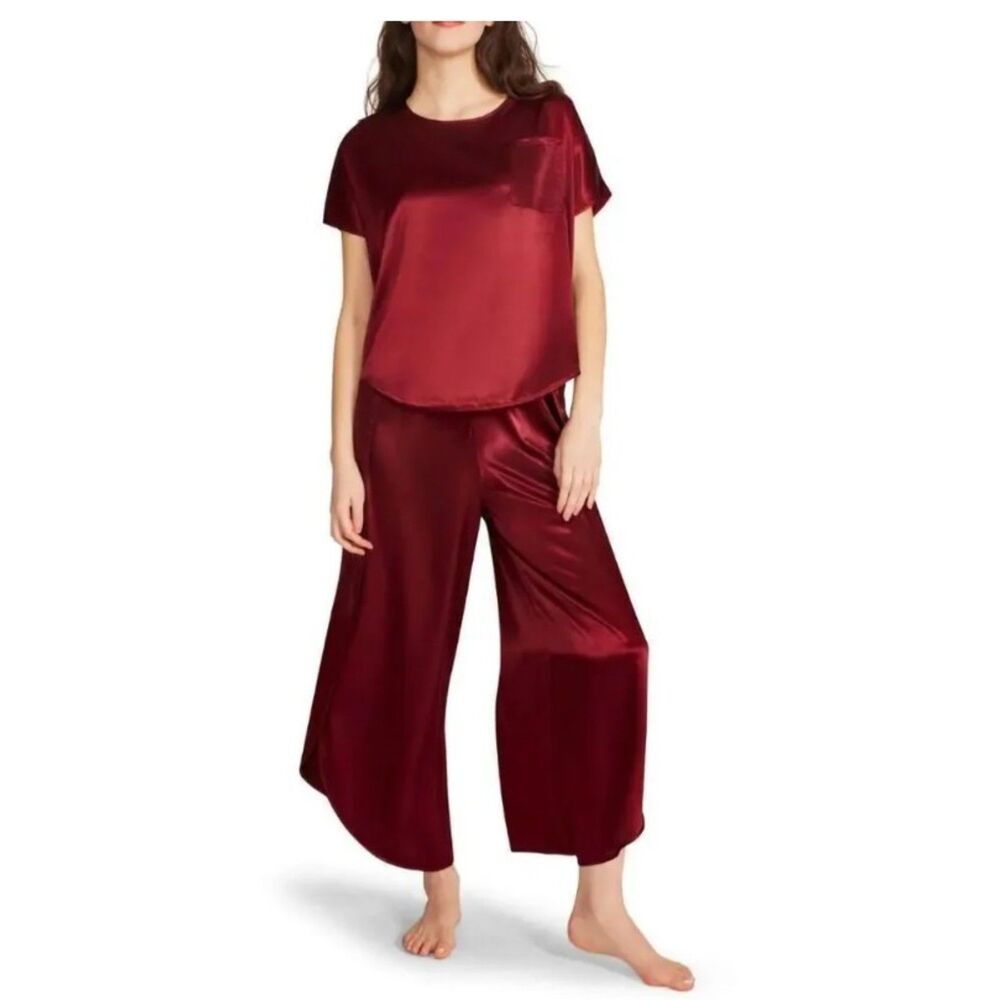 NWT Burgundy Sz Small Silky Satin Shirt & Split Leg Capris Pajama Set BB DAKOTA